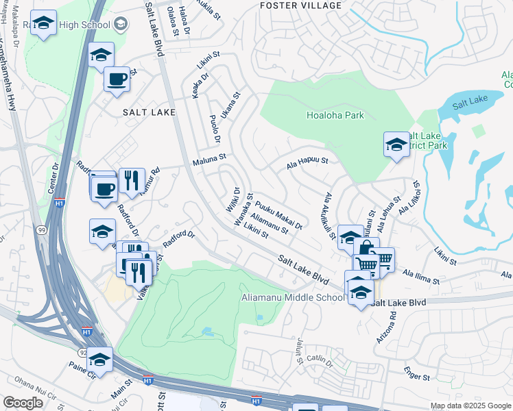 map of restaurants, bars, coffee shops, grocery stores, and more near 1058 Wanaka Street in Honolulu