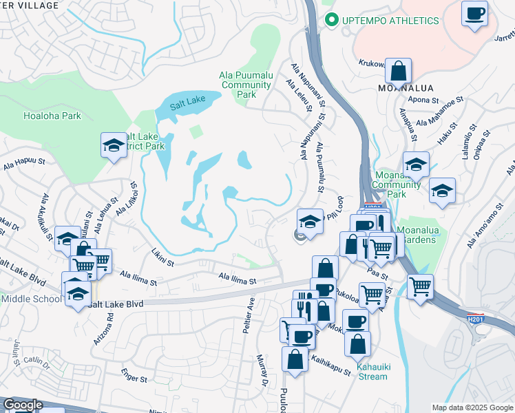 map of restaurants, bars, coffee shops, grocery stores, and more near 3050 Ala Poha Place in Honolulu