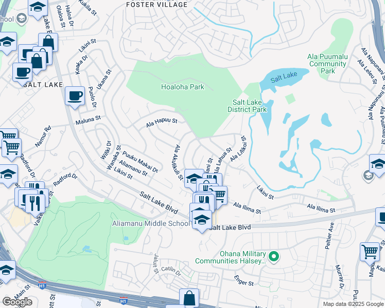 map of restaurants, bars, coffee shops, grocery stores, and more near 980 Ala Kapua Street in Honolulu