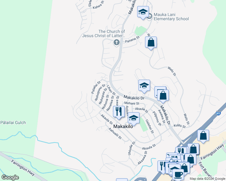 map of restaurants, bars, coffee shops, grocery stores, and more near 92-765 Lihau Street in Kapolei