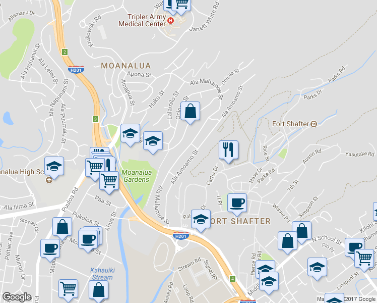 map of restaurants, bars, coffee shops, grocery stores, and more near 1477 Ala Mahamoe Street in Honolulu