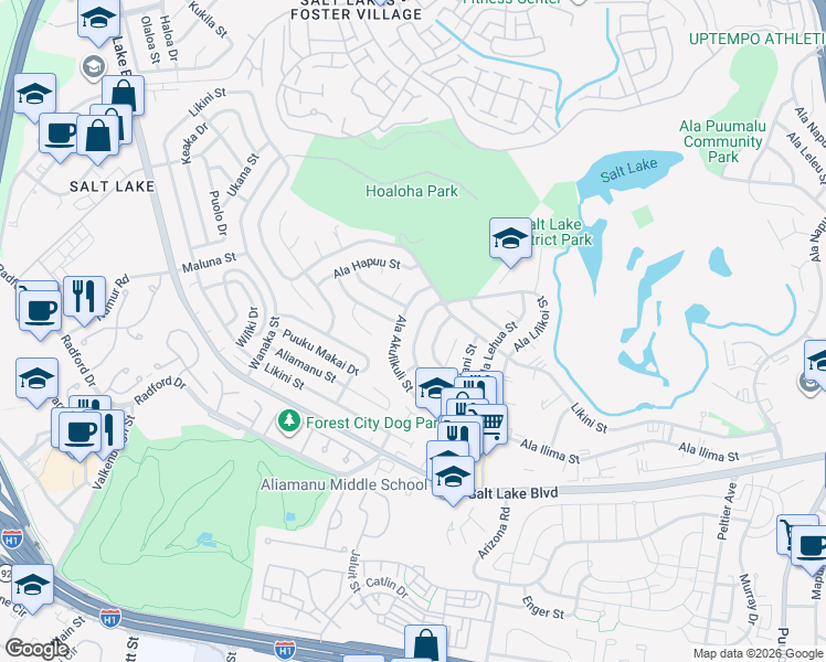 map of restaurants, bars, coffee shops, grocery stores, and more near 3442 Ala Ilima Street in Honolulu