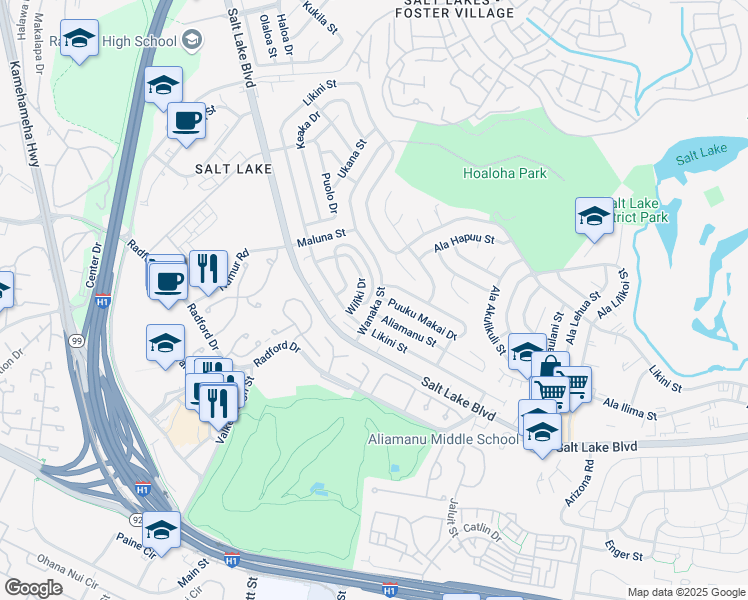 map of restaurants, bars, coffee shops, grocery stores, and more near 1058 Wanaka Street in Honolulu