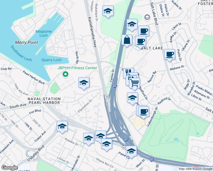 map of restaurants, bars, coffee shops, grocery stores, and more near 650 Center Drive in Joint Base Pearl Harbor-Hickam