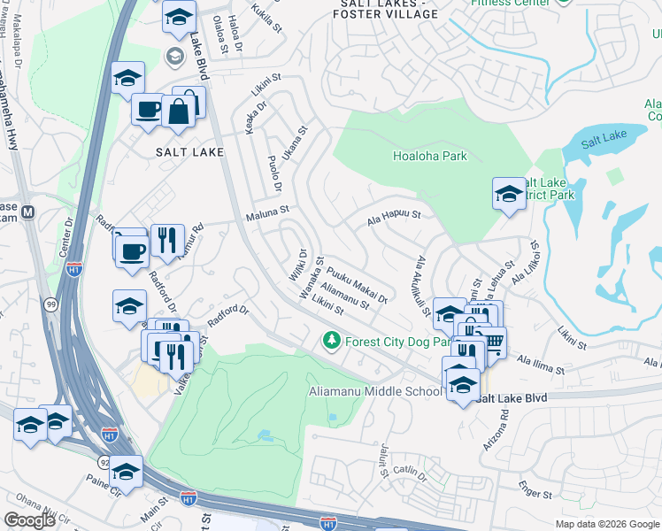 map of restaurants, bars, coffee shops, grocery stores, and more near 3627 Puuku Mauka Drive in Honolulu