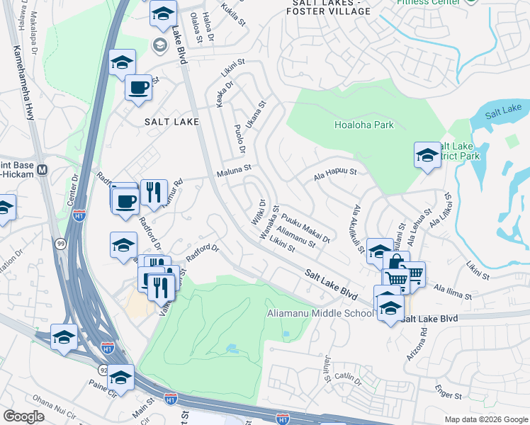 map of restaurants, bars, coffee shops, grocery stores, and more near 1058 Wanaka Street in Honolulu
