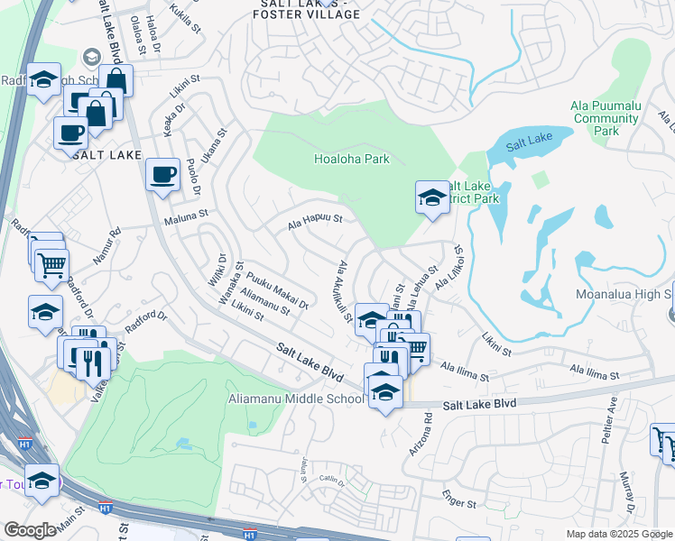 map of restaurants, bars, coffee shops, grocery stores, and more near 3463 Ala Akulikuli Street in Honolulu