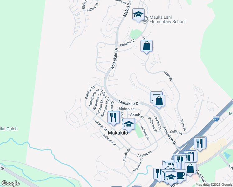 map of restaurants, bars, coffee shops, grocery stores, and more near 92-747 Makakilo Drive in Kapolei