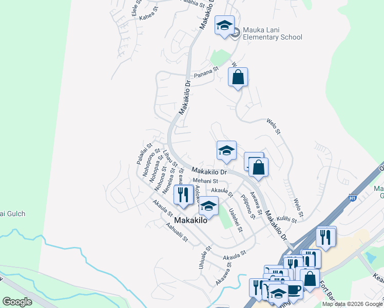 map of restaurants, bars, coffee shops, grocery stores, and more near 92-747 Makakilo Drive in Kapolei