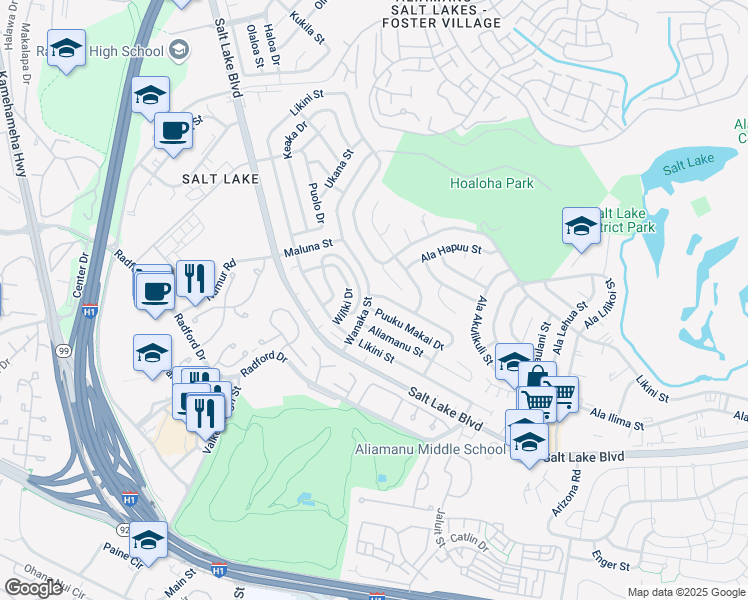 map of restaurants, bars, coffee shops, grocery stores, and more near 1058 Wanaka Street in Honolulu