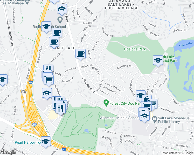 map of restaurants, bars, coffee shops, grocery stores, and more near 1058 Wanaka Street in Honolulu