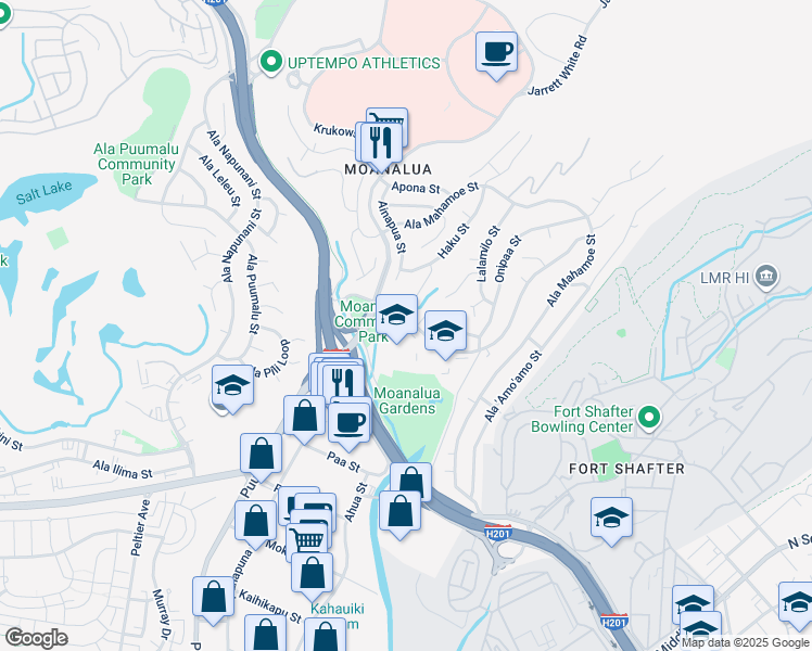 map of restaurants, bars, coffee shops, grocery stores, and more near 1289 Mahiole Street in Honolulu