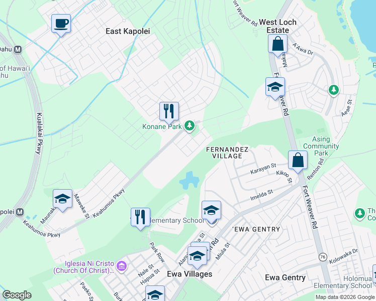 map of restaurants, bars, coffee shops, grocery stores, and more near 91-1526 Ilikana Street in Ewa Beach