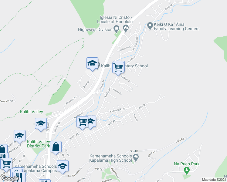 map of restaurants, bars, coffee shops, grocery stores, and more near 1836 Akone Place in Honolulu