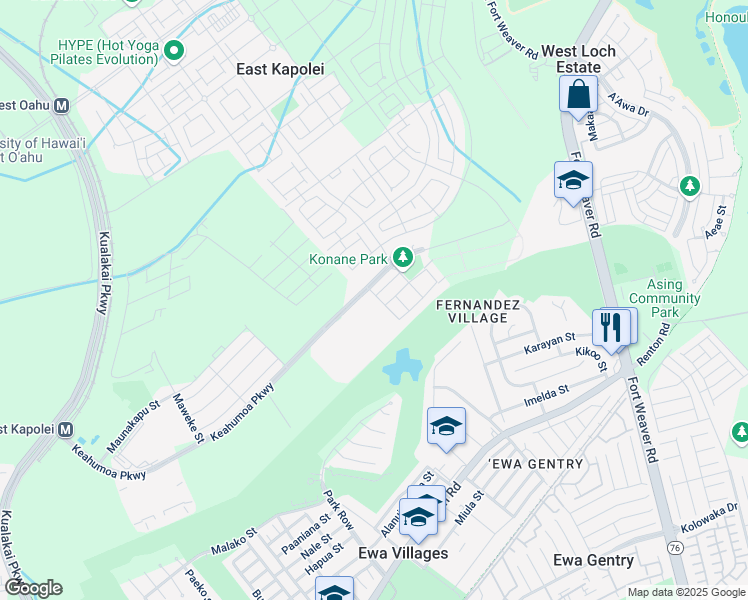 map of restaurants, bars, coffee shops, grocery stores, and more near 91-1527 Laupae Street in Ewa Beach