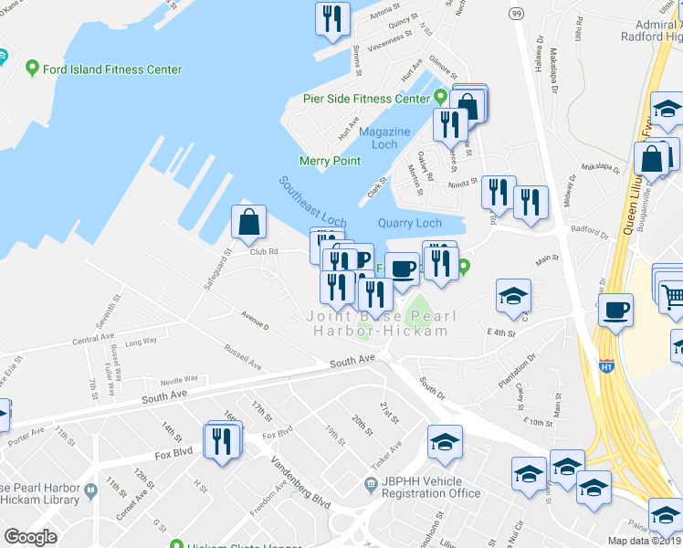 map of restaurants, bars, coffee shops, grocery stores, and more near Pearl Harbor Boulevard in Honolulu