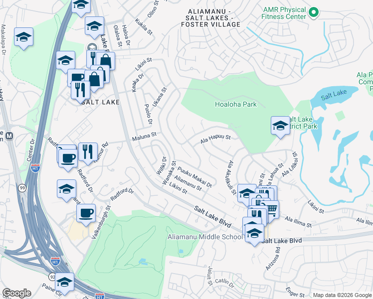 map of restaurants, bars, coffee shops, grocery stores, and more near 1179 Ala Hinano Place in Honolulu