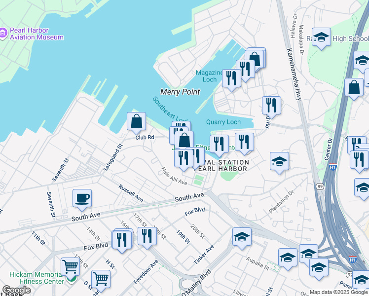 map of restaurants, bars, coffee shops, grocery stores, and more near Pearl Harbor Boulevard in Honolulu
