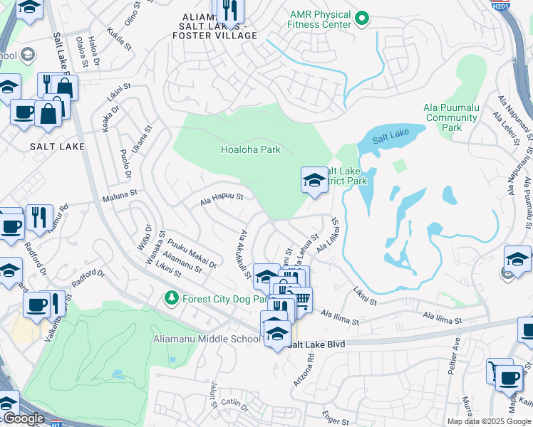 map of restaurants, bars, coffee shops, grocery stores, and more near Likini Street in Honolulu