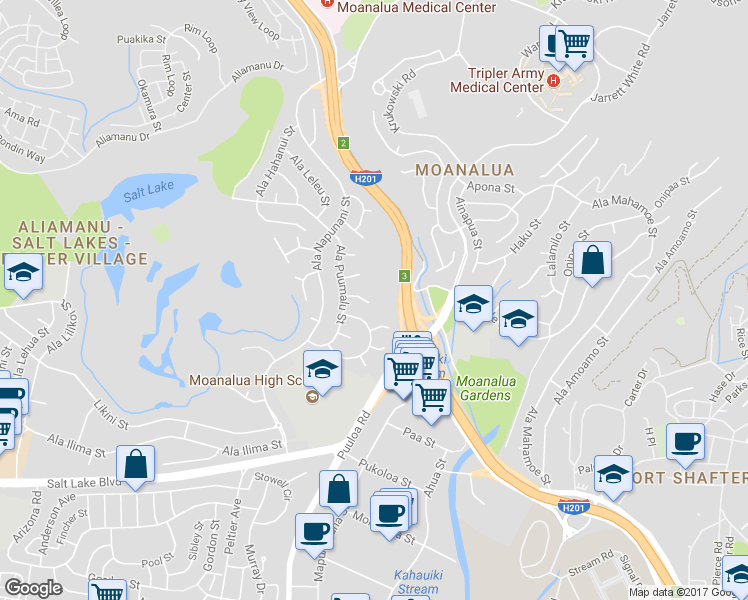 map of restaurants, bars, coffee shops, grocery stores, and more near 2946 Ala Puumalu Place in Honolulu