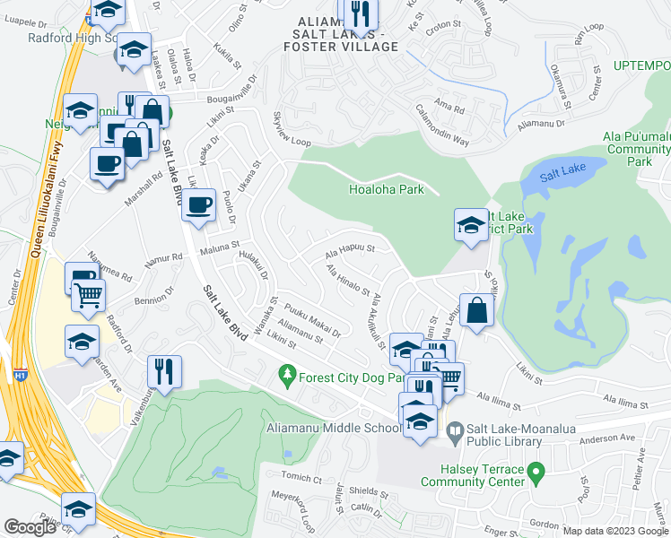 map of restaurants, bars, coffee shops, grocery stores, and more near 3484 Ala Hinalo Street in Honolulu