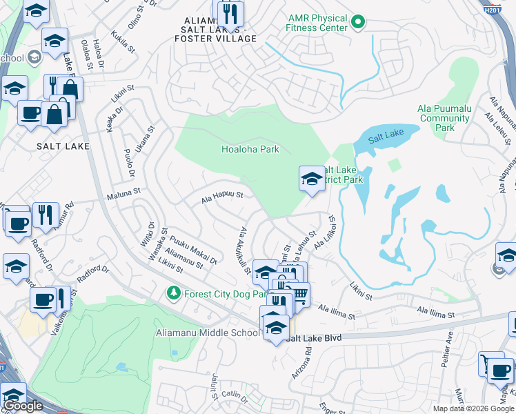 map of restaurants, bars, coffee shops, grocery stores, and more near 3537 Ala Akulikuli Street in Honolulu