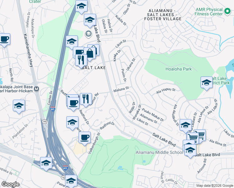 map of restaurants, bars, coffee shops, grocery stores, and more near 3902 Salt Lake Boulevard in Honolulu