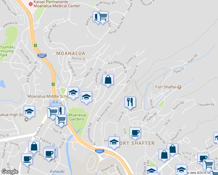 map of restaurants, bars, coffee shops, grocery stores, and more near 1463 Mahiole Street in Honolulu