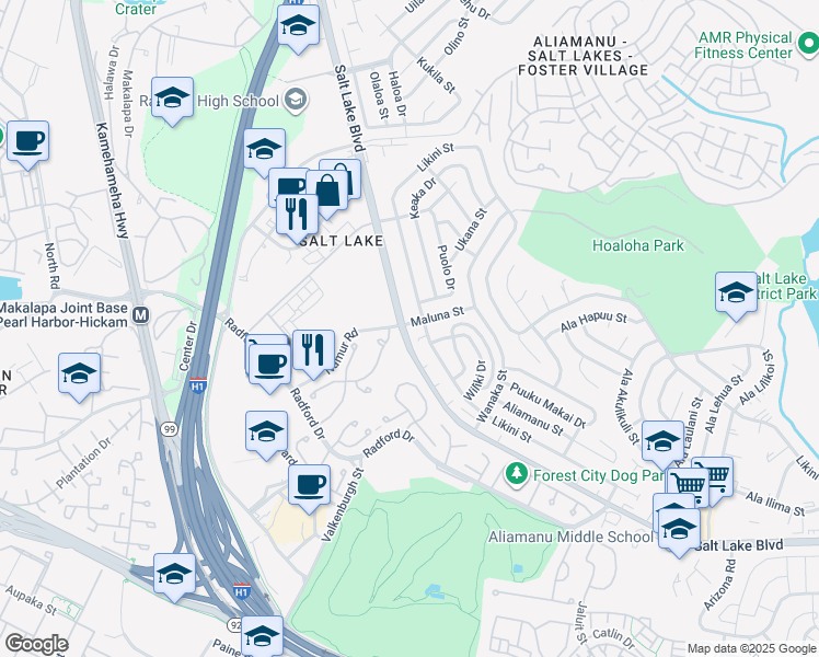 map of restaurants, bars, coffee shops, grocery stores, and more near 1009 Maluna Street in Honolulu
