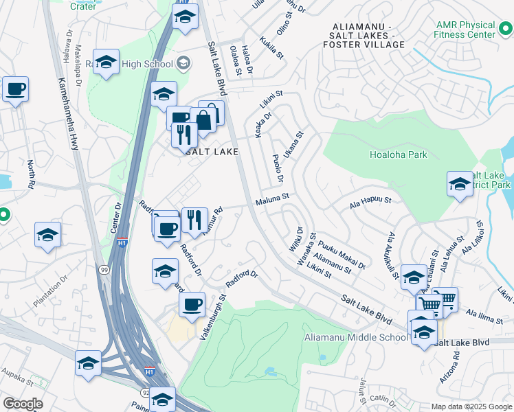 map of restaurants, bars, coffee shops, grocery stores, and more near 3902 Salt Lake Boulevard in Honolulu