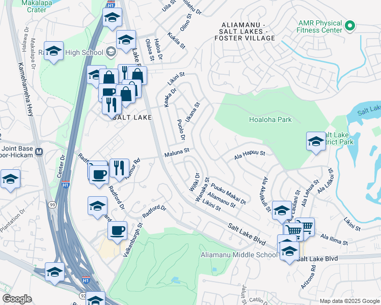 map of restaurants, bars, coffee shops, grocery stores, and more near 1045 Puolo Drive in Honolulu