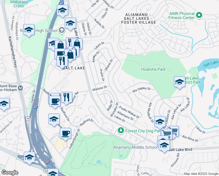 map of restaurants, bars, coffee shops, grocery stores, and more near 1180 Wanaka Street in Honolulu