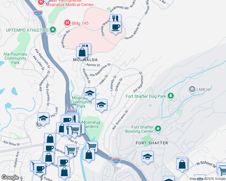 map of restaurants, bars, coffee shops, grocery stores, and more near 1433 Lalamilo Street in Honolulu