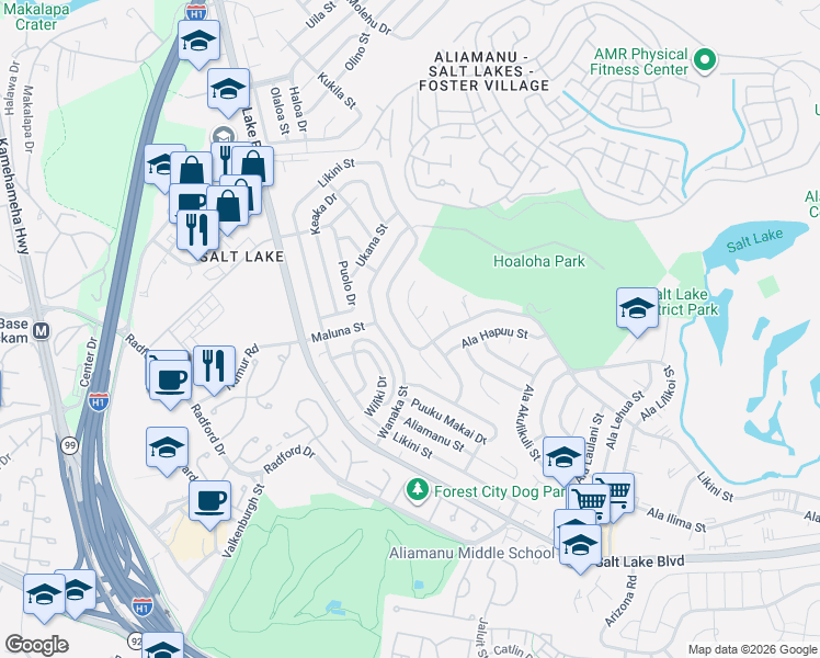 map of restaurants, bars, coffee shops, grocery stores, and more near 4627-4633 Likini St in Honolulu