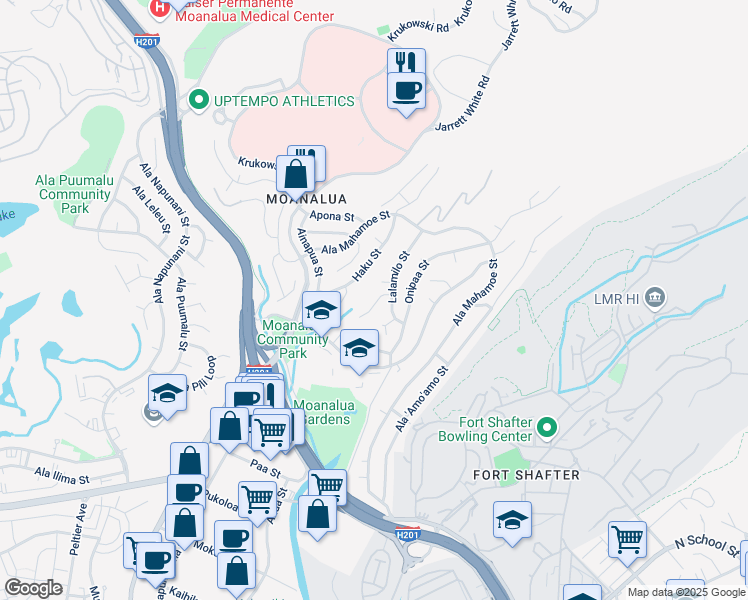 map of restaurants, bars, coffee shops, grocery stores, and more near 1326 Moelola Place in Honolulu
