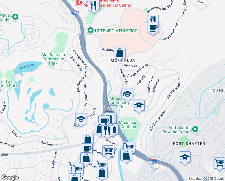 map of restaurants, bars, coffee shops, grocery stores, and more near 1214 Mahiole Street in Honolulu