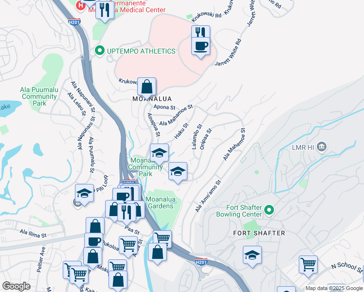 map of restaurants, bars, coffee shops, grocery stores, and more near 1326 Moelola Place in Honolulu