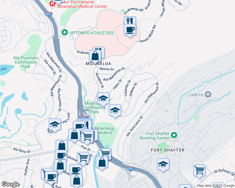 map of restaurants, bars, coffee shops, grocery stores, and more near 1451 Haku Street in Honolulu