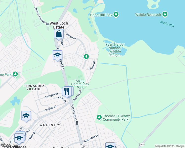 map of restaurants, bars, coffee shops, grocery stores, and more near 91-105 Auhola Place in Ewa Beach