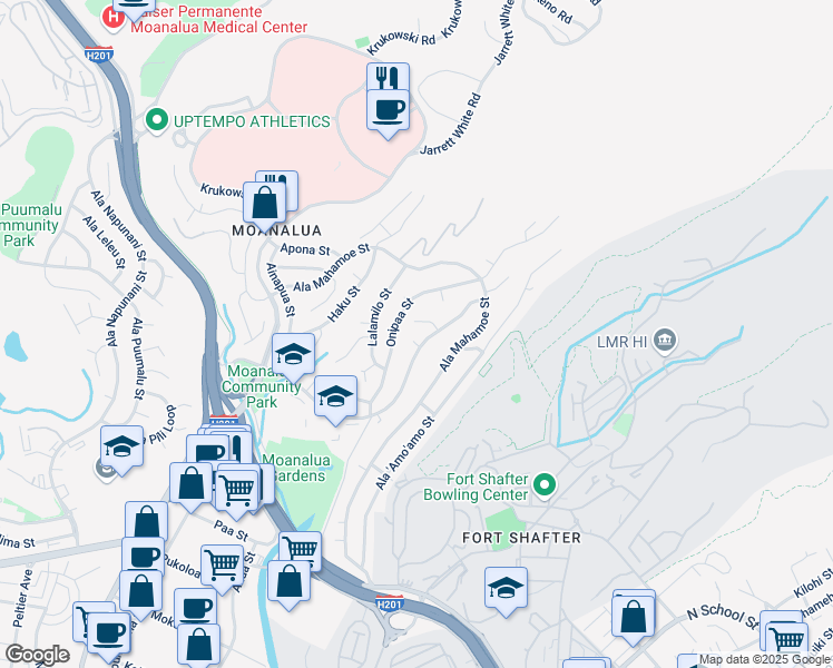map of restaurants, bars, coffee shops, grocery stores, and more near 1504 Poma Place in Honolulu