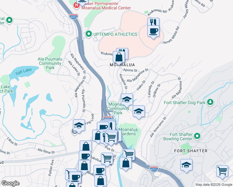 map of restaurants, bars, coffee shops, grocery stores, and more near 2041 Mahaoo Place in Honolulu