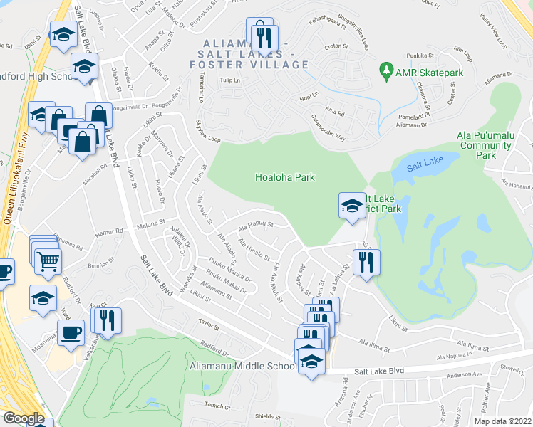 map of restaurants, bars, coffee shops, grocery stores, and more near 4812 Likini Street in Honolulu