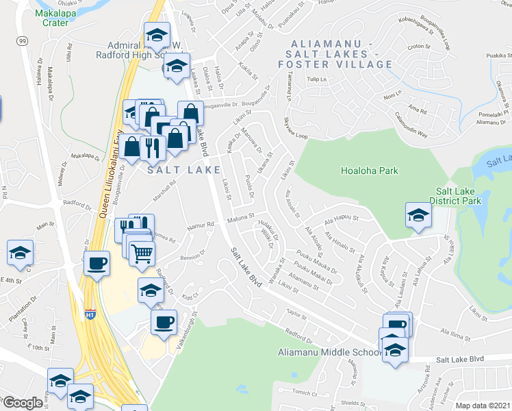 map of restaurants, bars, coffee shops, grocery stores, and more near 1045 Puolo Drive in Honolulu