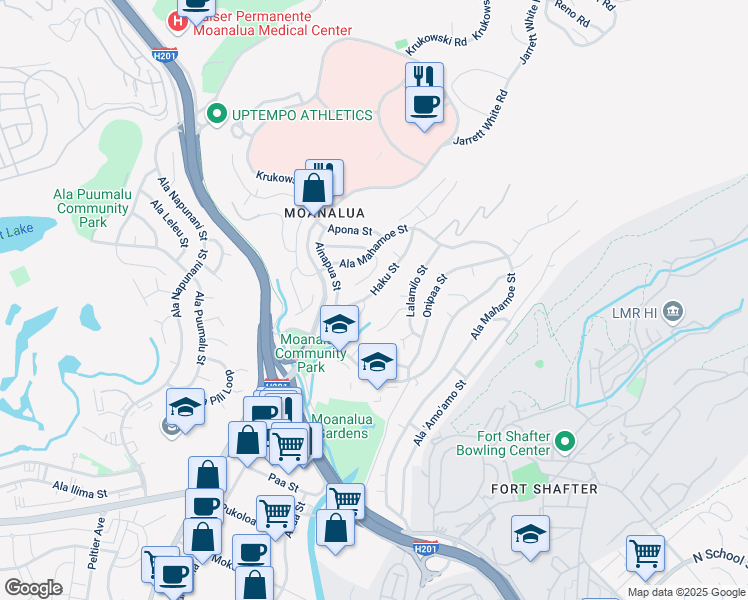 map of restaurants, bars, coffee shops, grocery stores, and more near 1451 Haku Street in Honolulu
