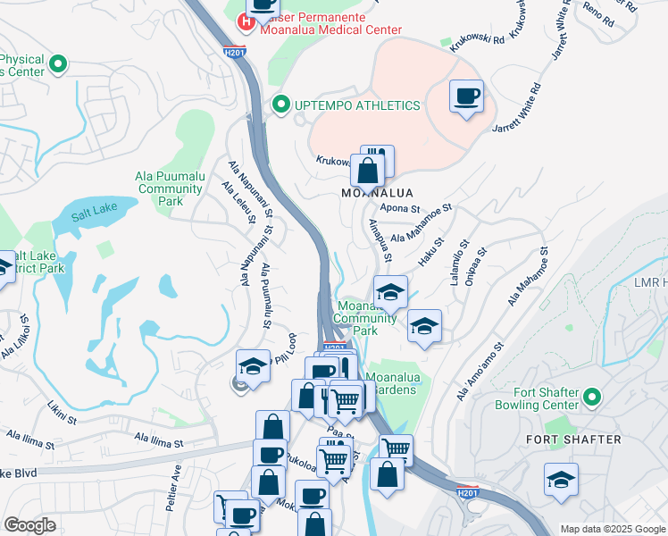 map of restaurants, bars, coffee shops, grocery stores, and more near 1214 Mahiole Street in Honolulu