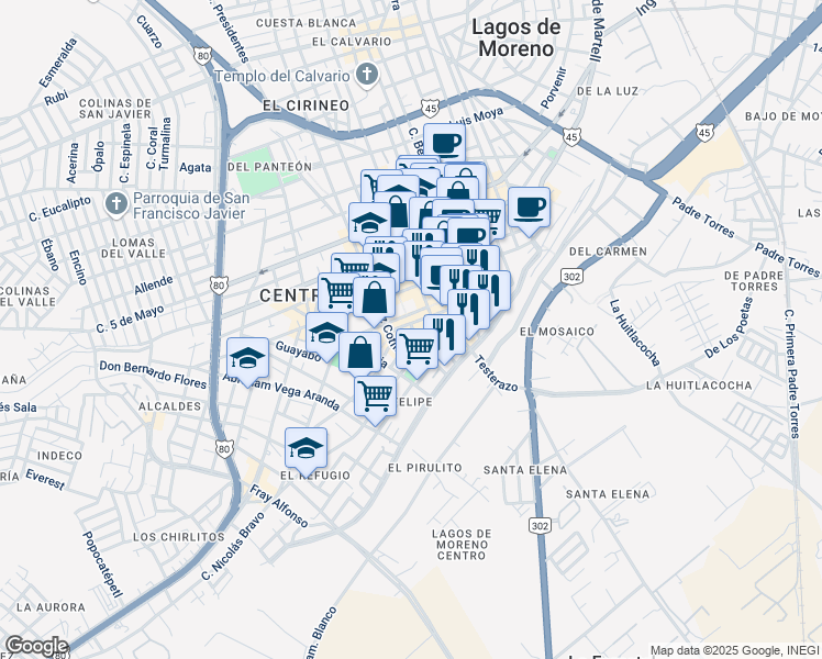 map of restaurants, bars, coffee shops, grocery stores, and more near Calle Privada Lopez Rayon in Lagos de Moreno