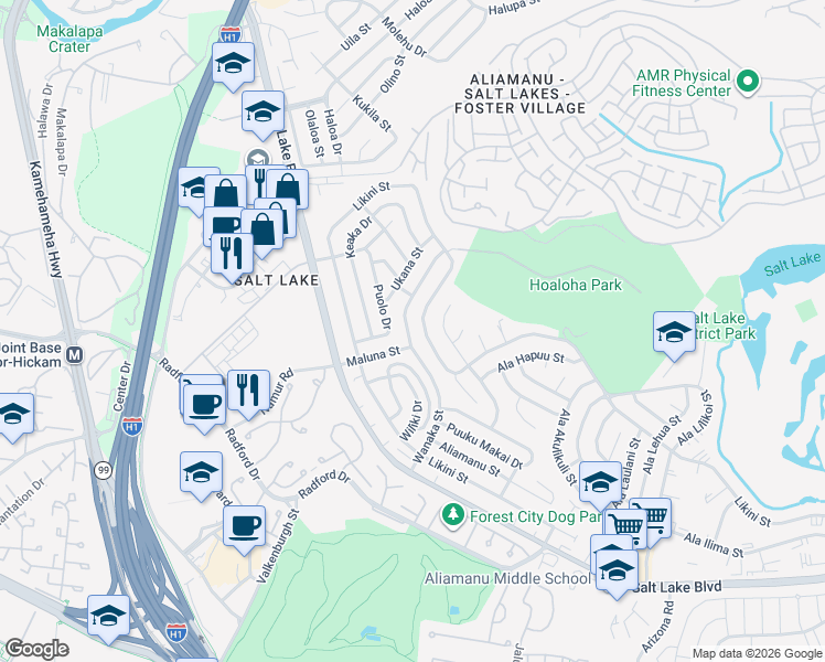 map of restaurants, bars, coffee shops, grocery stores, and more near 1219 Wanaka Street in Honolulu