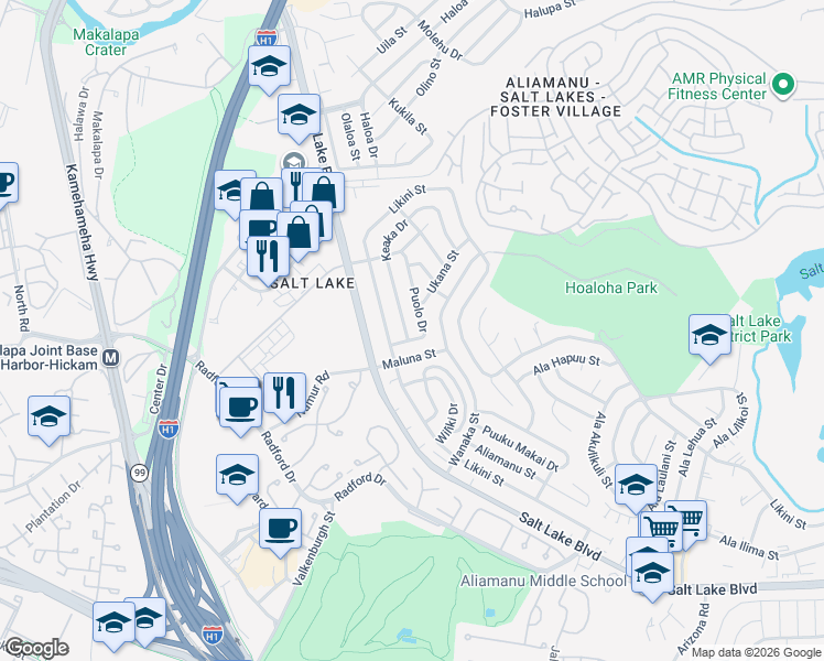 map of restaurants, bars, coffee shops, grocery stores, and more near 1045 Puolo Drive in Honolulu