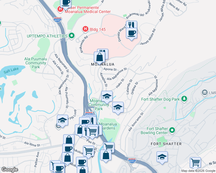 map of restaurants, bars, coffee shops, grocery stores, and more near 1327 Ainapua Street in Honolulu