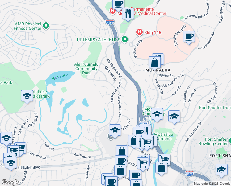 map of restaurants, bars, coffee shops, grocery stores, and more near 1361 Ala Puumalu Street in Honolulu